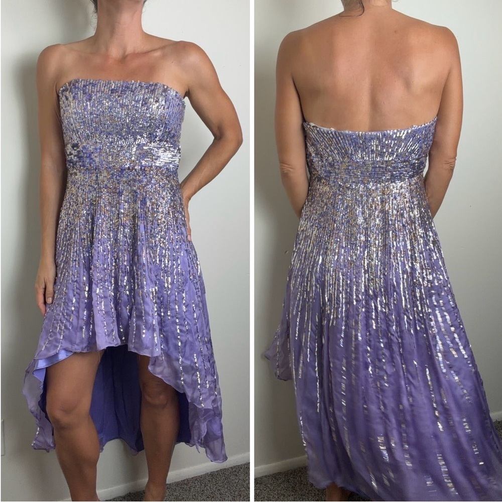 Vintage Sherri Hill 100% Silk Lavender Purple Sequin Strapless Formal Dress 10